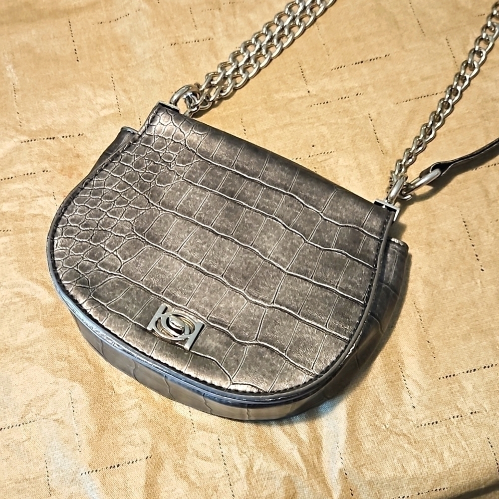 Bebe Silver Pewter Faux Leather Baguette Bag